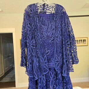Soulmates Indigo Silk Hand Crochet Embroidered Jacket and Top Skirt Set 2x